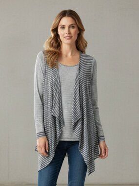 UBU Kimono Jacket Top S Gray Striped Knit Draped Boho Chic Stretch Coastal Comfy